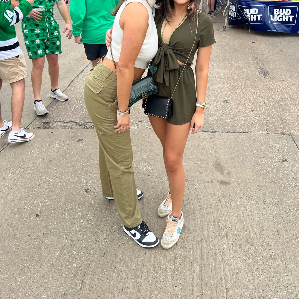 Olive green front tie romper